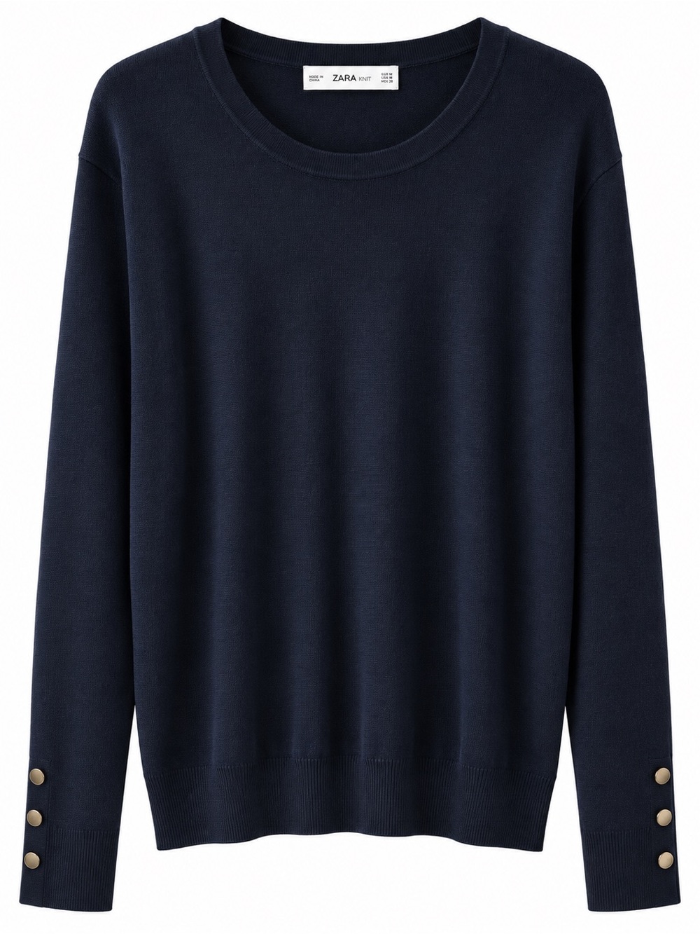 ZARA Navy Crewneck Sweater with Gold Button Cuffs